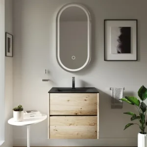 Akron Oak 600mm Wall Hung Black Basin Unit: 2 Drawers, Handleless