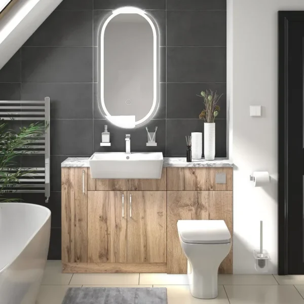 Oliver 1300 Oak Fitted Furniture Combination Vanity Unit with Ceramic Basin, WC, Chrome Handles and Fixing Kits